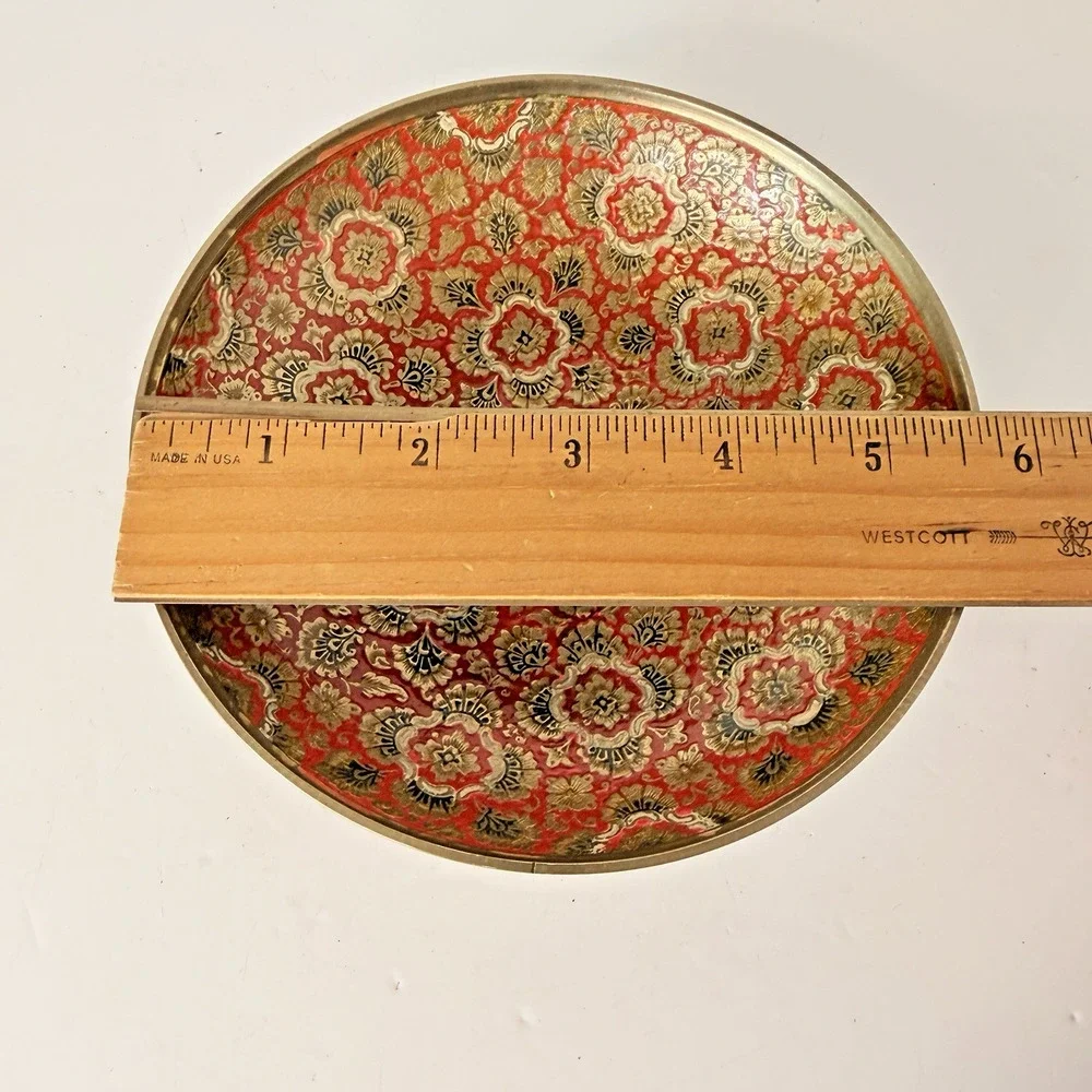 Vintage Enamel Brass Bowl Red Floral Patterned Pedestal 5